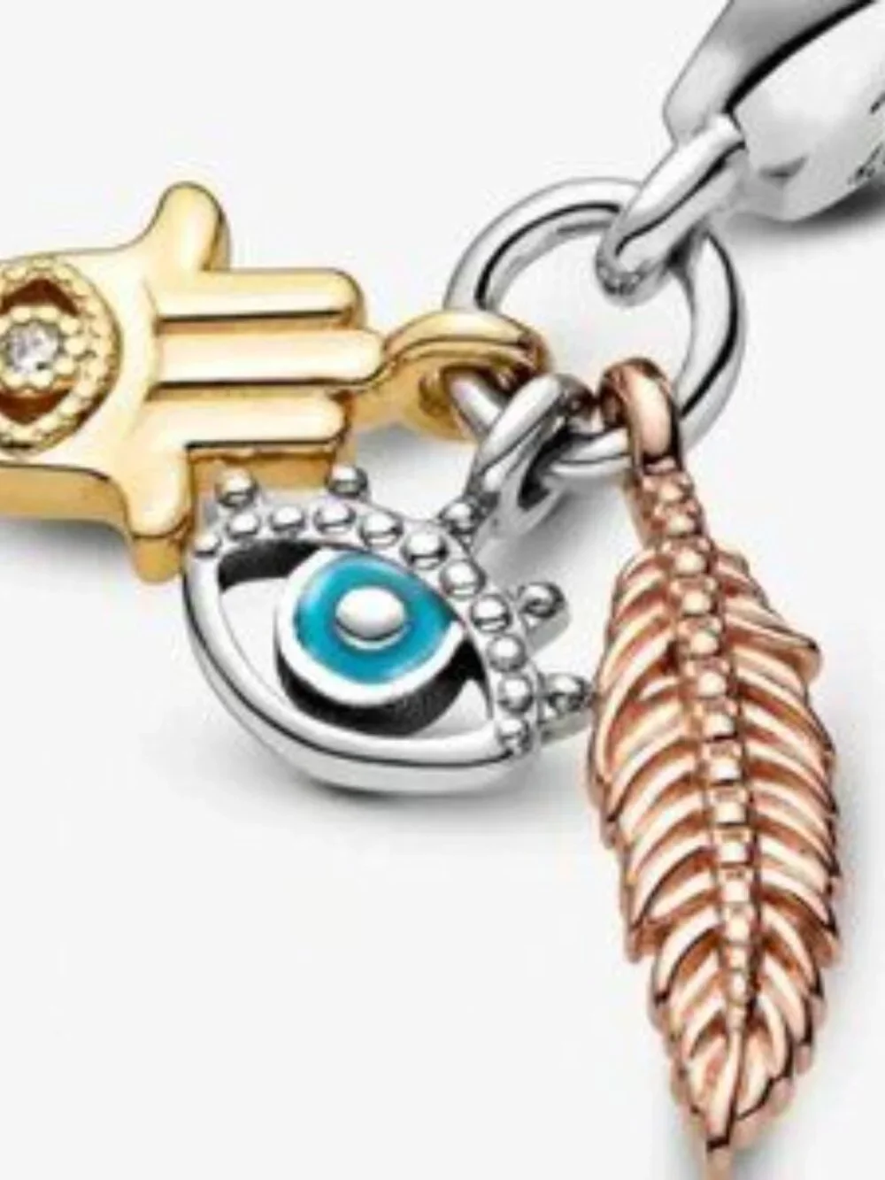 Pandora Multi-Tone Hamsa, Evil Eye & Feather Dangle Charm with Blue Accent